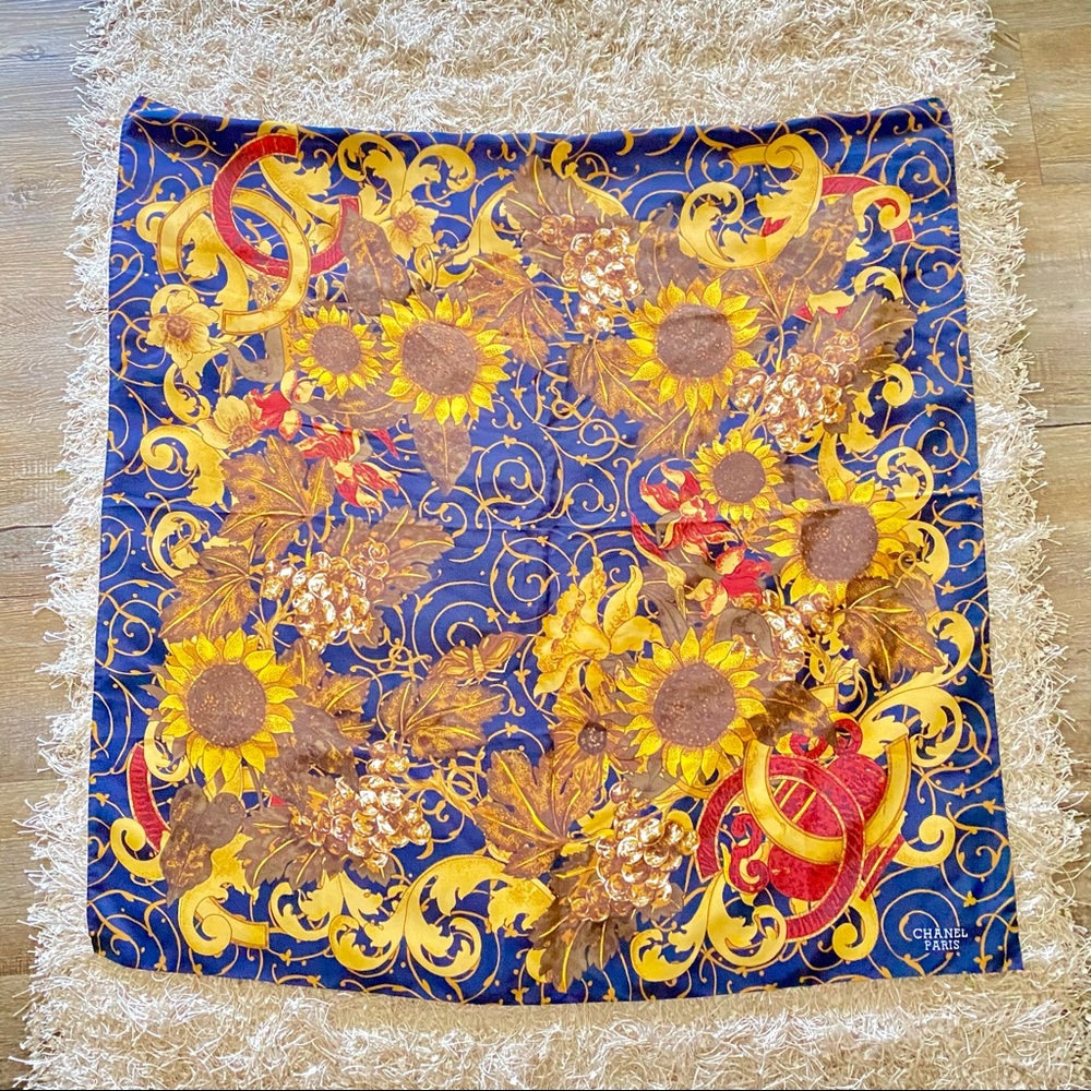 Authentic Chanel Logo Floral Silk Scarf
